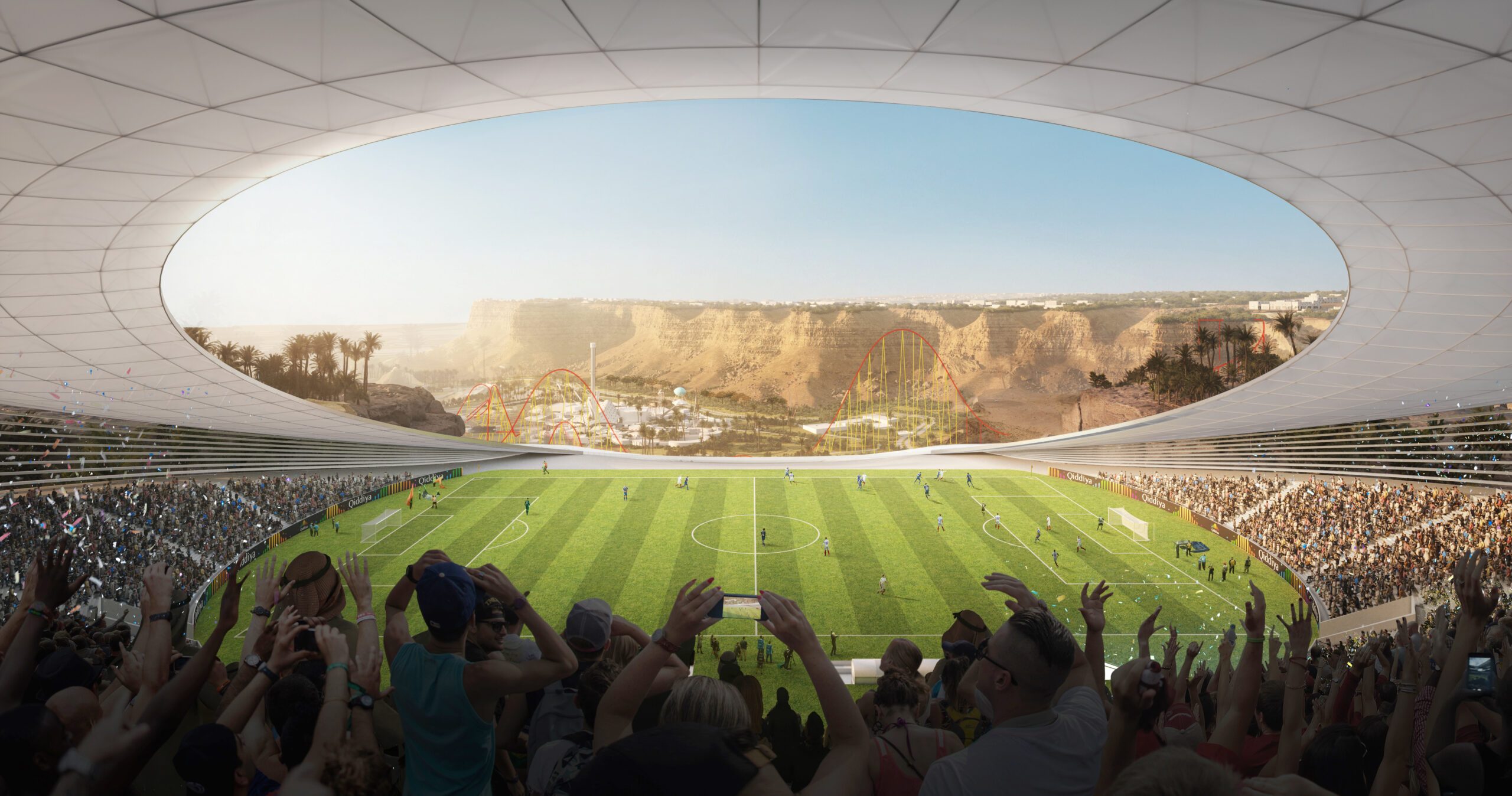 Artist's impression of the planned cliff-top football stadium in Qiddiya, Saudi Arabia's entertainment and sports complex south-west of Riyadh