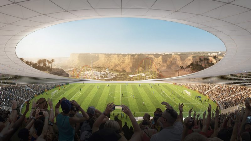 Artist's impression of the planned cliff-top football stadium in Qiddiya, Saudi Arabia's entertainment and sports complex south-west of Riyadh