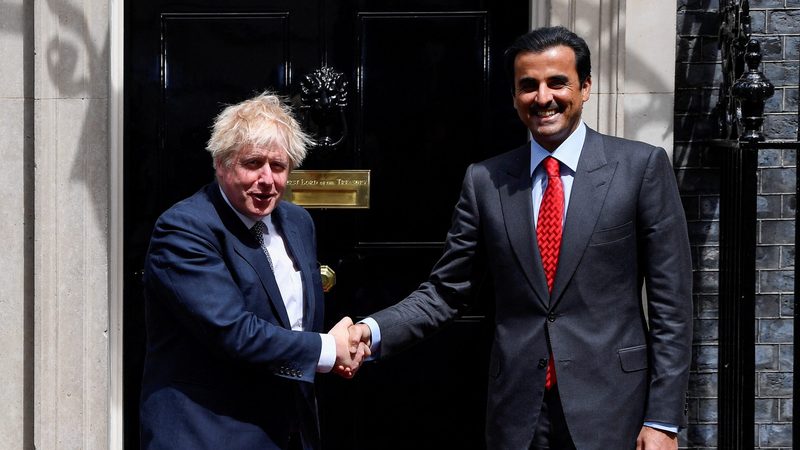 British Prime Minister Boris Johnson welcomes the Emir of Qatar, Tamim bin Hamad Al Thani at Downing Street in London