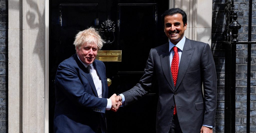 British Prime Minister Boris Johnson welcomes the Emir of Qatar, Tamim bin Hamad Al Thani at Downing Street in London