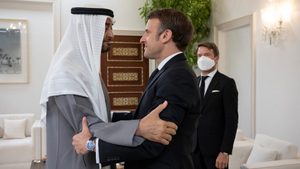 French President Emmanuel Macron meets the newly-elected president of the United Arab Emirates