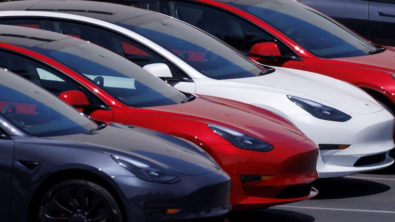 Tesla vehicles at a sales and service center in Vista, California