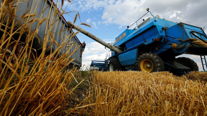 A combine loads a truck of grain while harvesting wheat during Ukraine-Russia conflict