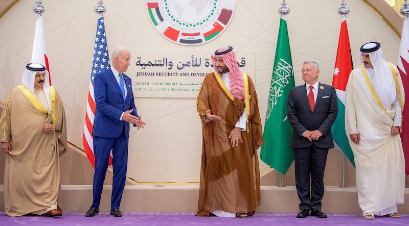 Saudi crown prince Mohammed bin Salman and US president Joe Biden stand for a family photo ahead of the Jeddah Security and Development Summit
