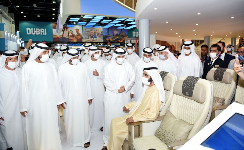 Sheikh Mohammed bin Rashid Al Maktoum, UAE vice president, tries out Emirates Airlines' premium economy seats at this year's Arabian Travel Market