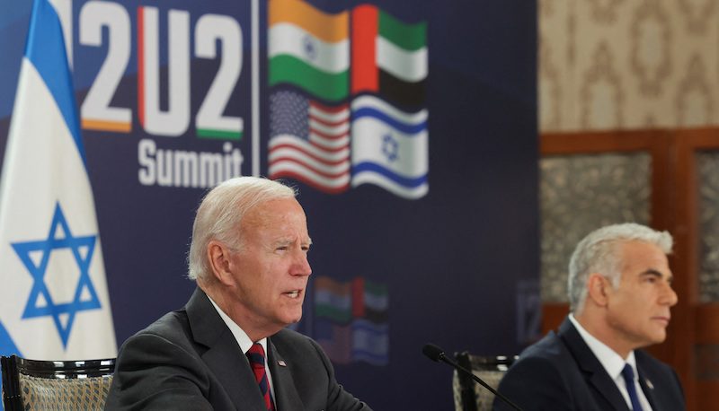 US president Joe Biden and Israeli prime minister Yair Lapid attend the first virtual meeting of the I2U2 group with leaders of India and the United Arab Emirates