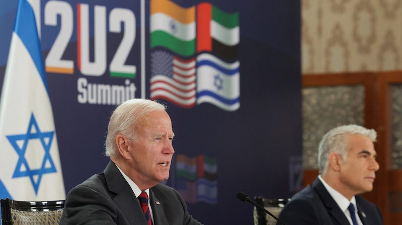 US president Joe Biden and Israeli prime minister Yair Lapid attend the first virtual meeting of the I2U2 group with leaders of India and the United Arab Emirates