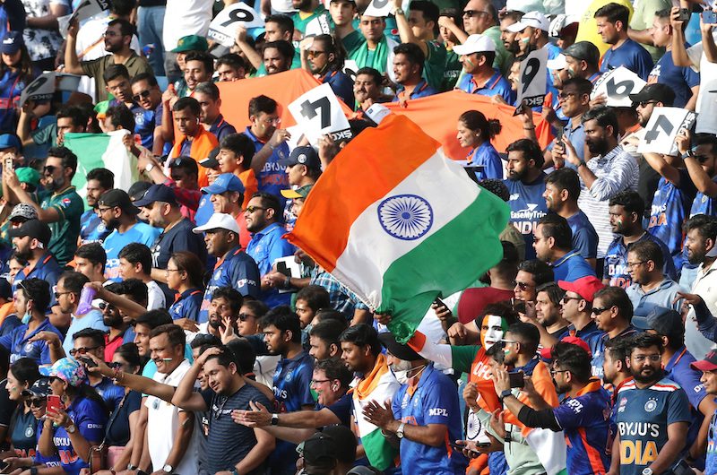 India fans in the stands of Dubai International Stadium, ahead of their cricket team's Asian Cup match against Pakistan on September 4