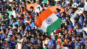 India fans in the stands of Dubai International Stadium, ahead of their cricket team's Asian Cup match against Pakistan on September 4