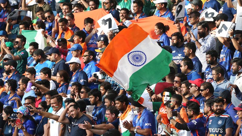 India fans in the stands of Dubai International Stadium, ahead of their cricket team's Asian Cup match against Pakistan on September 4