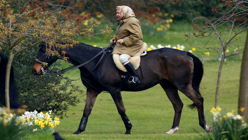 Queen Elizabeth II rides her horse on the grounds of Windsor Castle