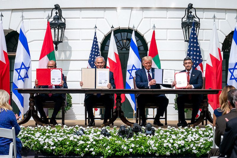 From left, Bahrain's minister of foreign affairs Dr Abdullatif bin Rashid Al-Zayani, Israeli prime minister Benjamin Netanyahu, US president Donald Trump and UAE minister of foreign affairs Abdullah bin Zayed Al Nahyan sign the Abraham Accords on September 15 2020