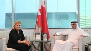 Minister of economy and industry of Israel, Orna Barbivai, and minister of industry and commerce of the Kingdom of Bahrain, Zayed bin Rashid Al-Zayani, during their meeting in Manama
