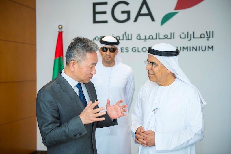 Abdulla Kalban, EGA’s Managing Director, right, welcomes Zhang Yiming, the Chinese ambassador to the company’s Jebel Ali site in Dubai