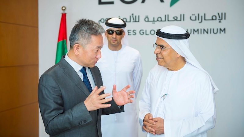 Abdulla Kalban, EGA’s Managing Director, right, welcomes Zhang Yiming, the Chinese ambassador to the company’s Jebel Ali site in Dubai