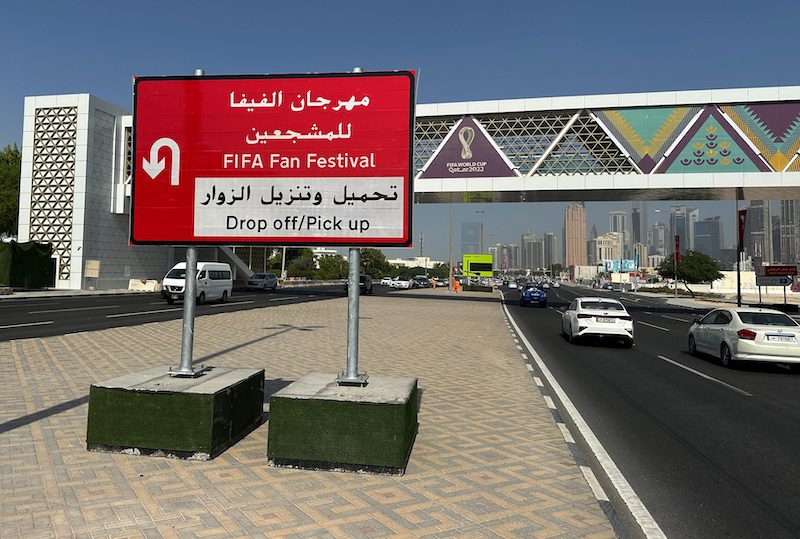 A sign directing visitors to the FIFA Fan Festival in Qatar. The World Cup begins on November 20