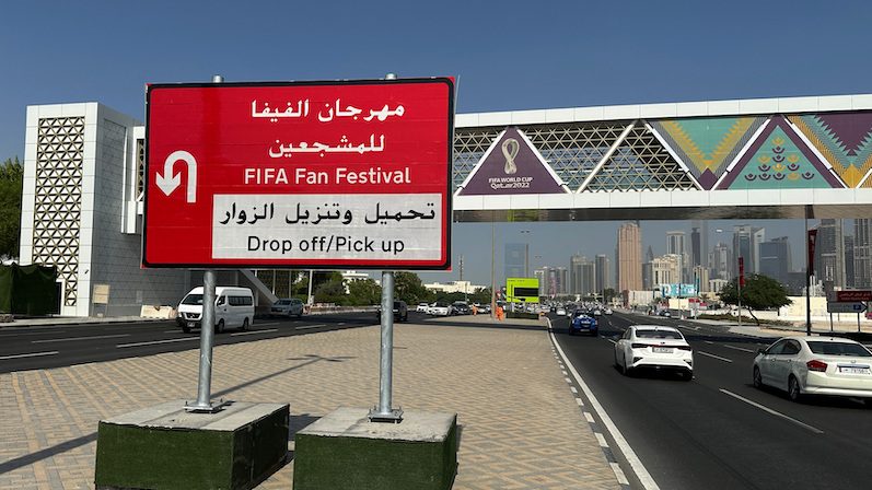 A sign directing visitors to the FIFA Fan Festival in Qatar. The World Cup begins on November 20