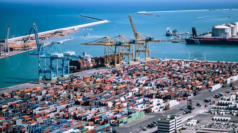 terminal, boats, sea, cranes