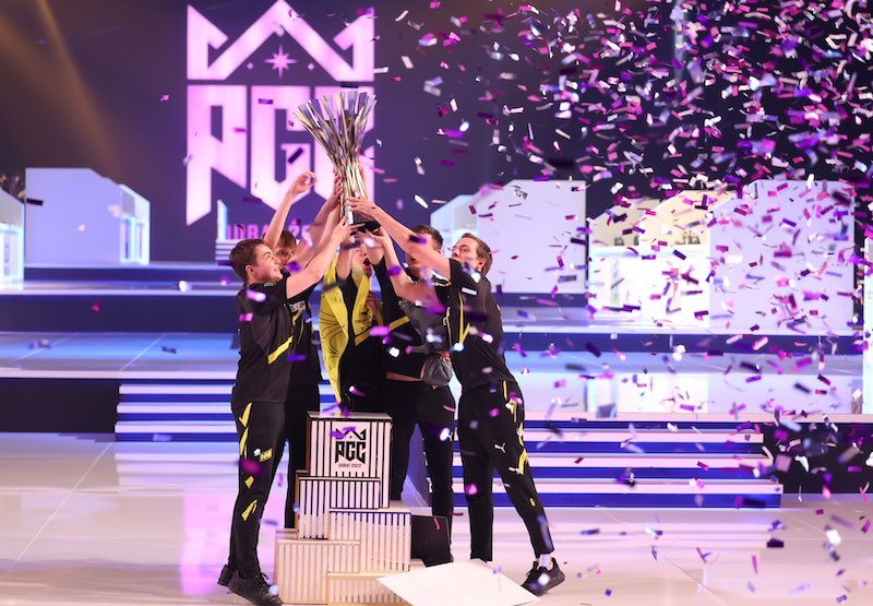 Team Natus Vincere, from Ukraine, lift the trophy after winning the PUBG Global Championship on Sunday at Dubai's Expo City