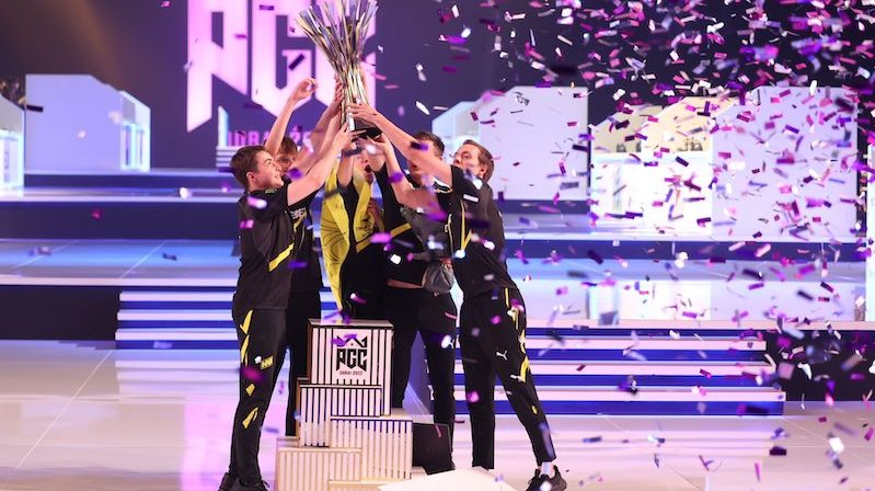 Team Natus Vincere, from Ukraine, lift the trophy after winning the PUBG Global Championship on Sunday at Dubai's Expo City