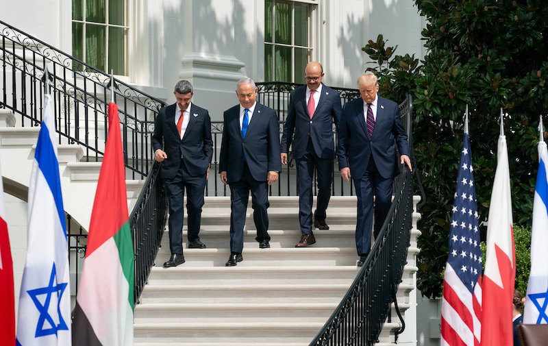 Abdullah Bin Zayed Al Nahyan, Benjamin Netanyahu, Abdullatif Bin Rashid Al Zayani and Donald Trump