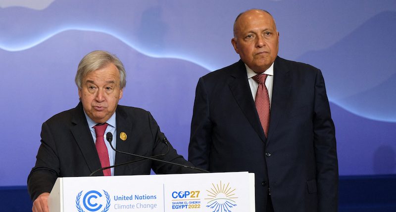 Egyptian foreign minister and Cop27 president Sameh Shoukry, left, and United Nations secretary general Antonio Guterres on what should be the penultimate day of the climate summit