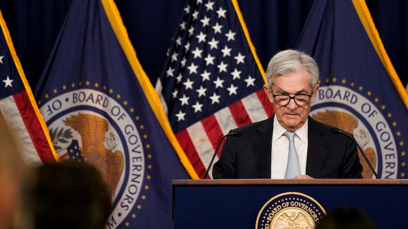 Federal Reserve board chairman Jerome Powell announces the latest rise in interest rates