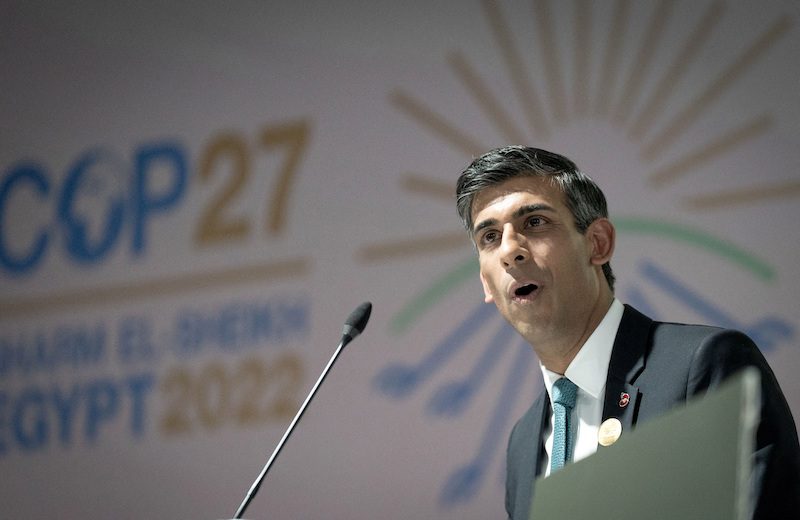 British Prime Minister Rishi Sunak addresses the forest and climate leaders event