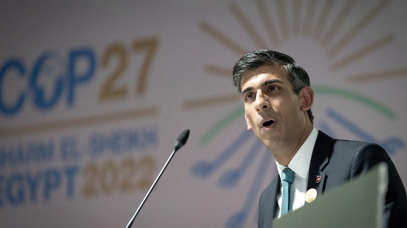 British Prime Minister Rishi Sunak addresses the forest and climate leaders event