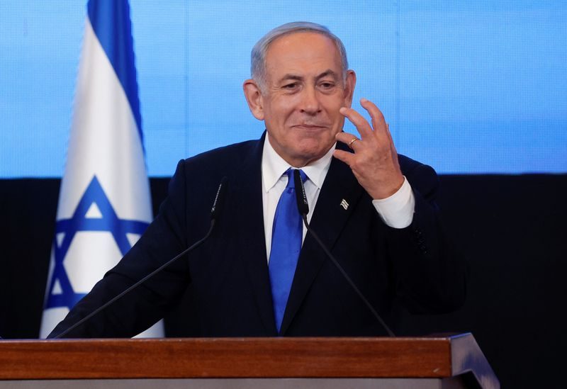 Benjamin Netanyahu delivers a speech