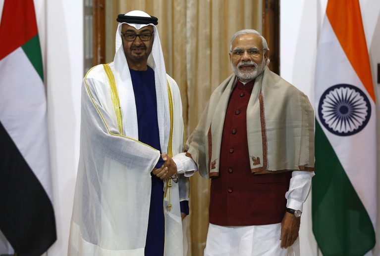 The UAE’s Sheikh Mohamed Bin Zayed Al Nahyan greets Narendra Modi, India’s prime minister, during a visit to New Delhi. Their two governments signed a trade deal last year