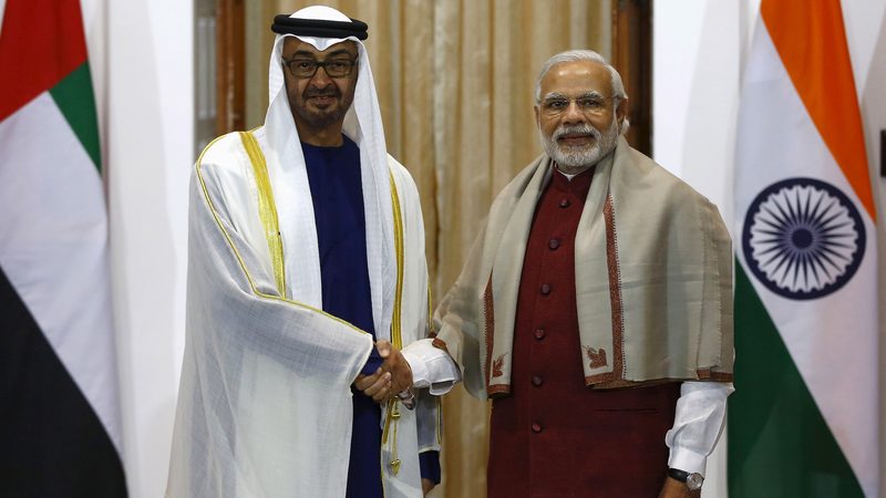 The UAE’s Sheikh Mohamed Bin Zayed Al Nahyan greets Narendra Modi, India’s prime minister, during a visit to New Delhi. Their two governments signed a trade deal last year