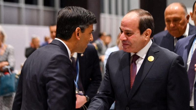 Rishi Sunak, the UK's prime minister, greets President Abdel Fattah El Sisi of Egypt at Cop27 in Sharm el-Sheikh. Trade between the two countries rose by a third last year