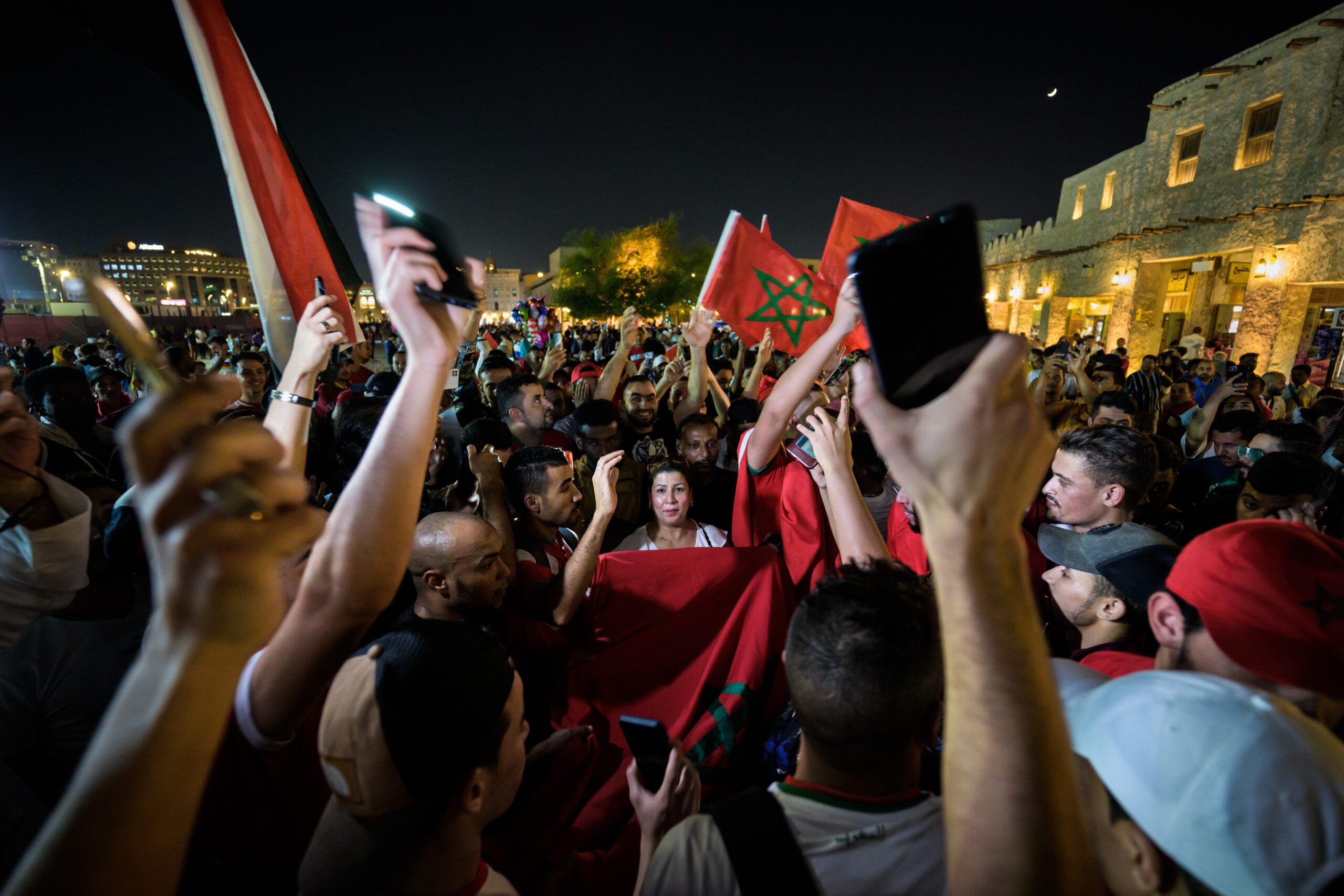 Morocco fans celebrate a World Cup win over Belgium at Souq Waqif in Doha, Qatar, on November 27, 2022. Trade talks between the two governments began the same month