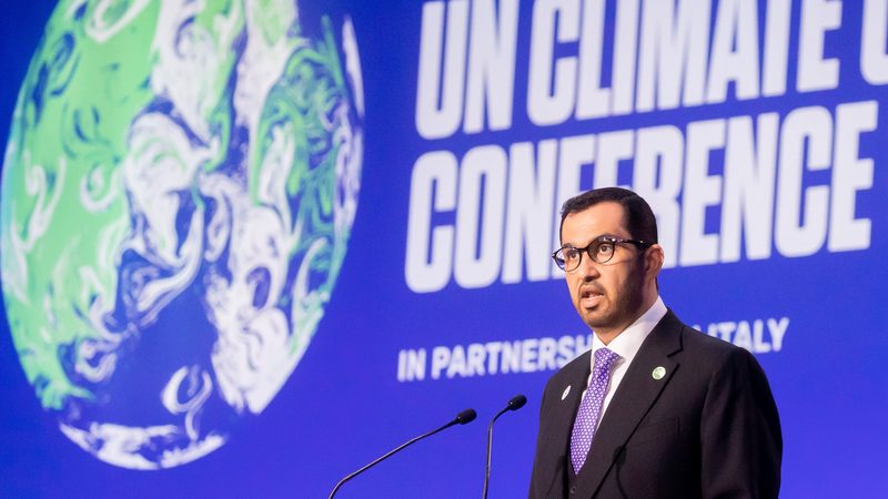Sultan Al Jaber speaks at Cop26 in Glasgow. He is president of this year's UN climate conference, taking place in Dubai