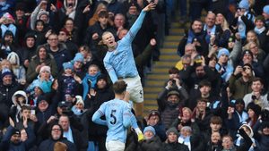Manchester City's Erling Haaland celebrates his second goal against Wolves at the Etihad stadium on January 22