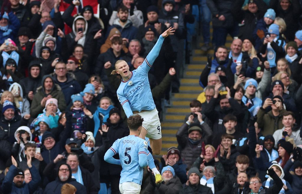Manchester City's Erling Haaland celebrates his second goal against Wolves at the Etihad stadium on January 22