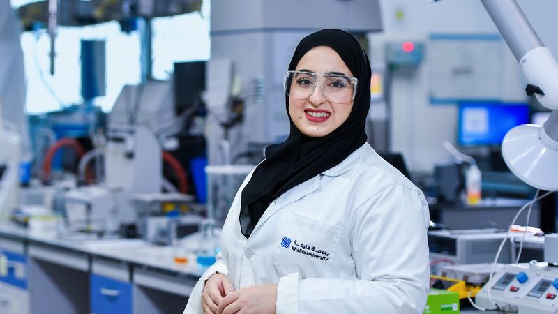 Emirati PhD science student Ayesha Abdulla of Khalifa University is recognised for her research converting CO2 to fuel