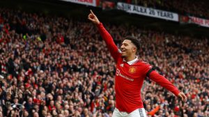 Jadon Sancho celebrates his goal for Manchester United against Leicester City at Old Trafford on Sunday