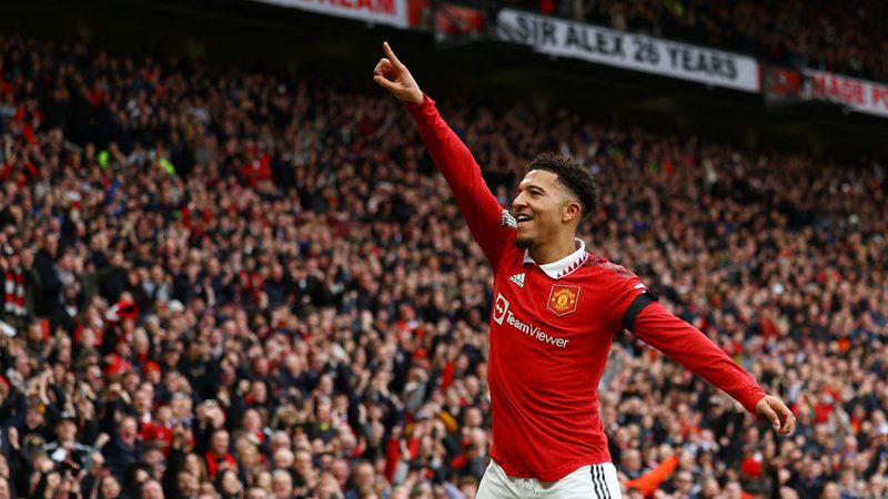 Jadon Sancho celebrates his goal for Manchester United against Leicester City at Old Trafford on Sunday