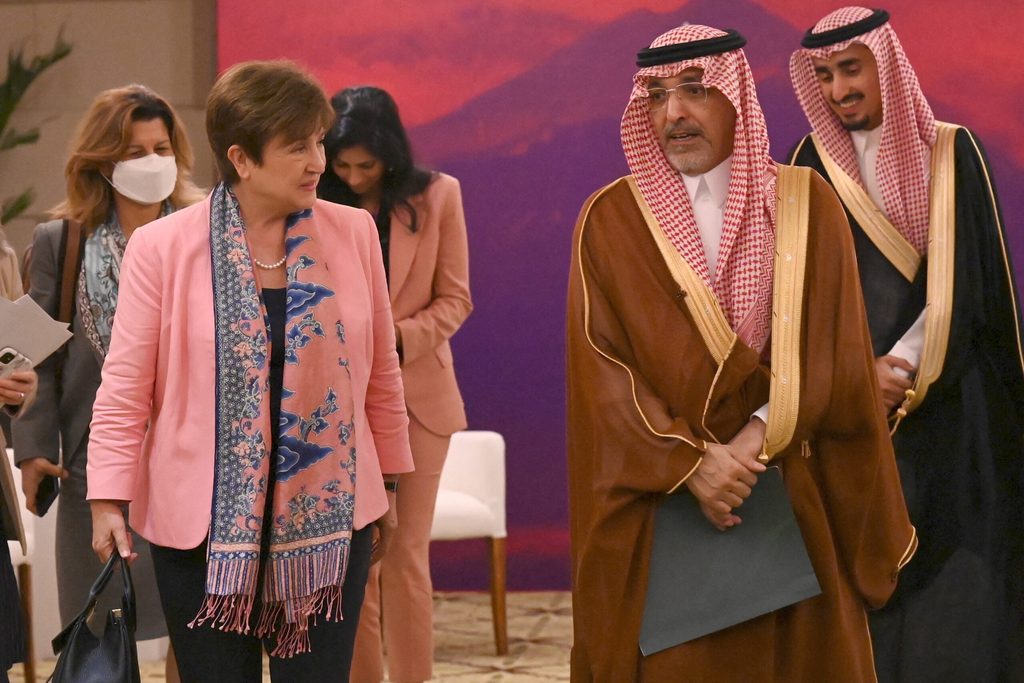International Monetary Fund chief Kristalina Georgieva with Saudi finance minister Mohammed al-Jadaan