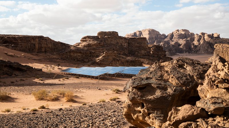 This solar array powers a hotel in Wadi Rum, Jordan. The kingdom ranks first in the Arab world for renewables contribution to electricity