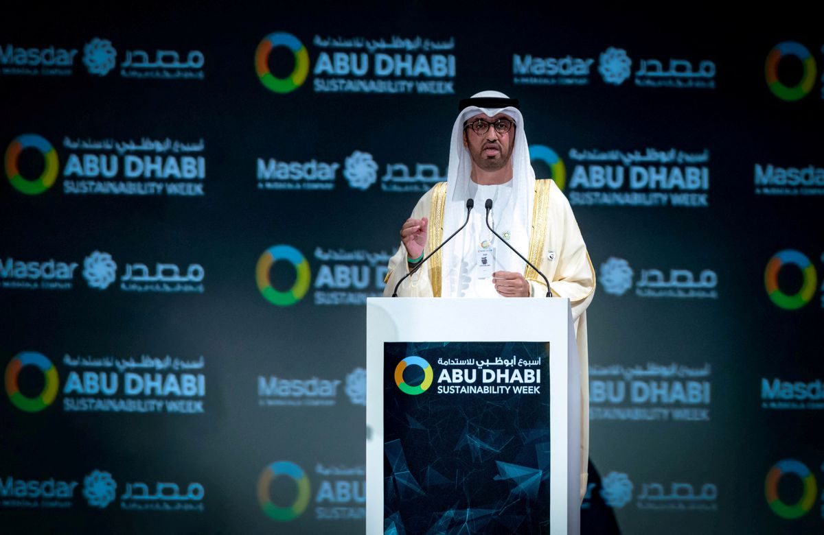 Sultan Ahmed Al Jaber, UAE minister of state, chairman of Masdar and the Adnoc CEO, speaks at the World Future Energy Summit in Abu Dhabi