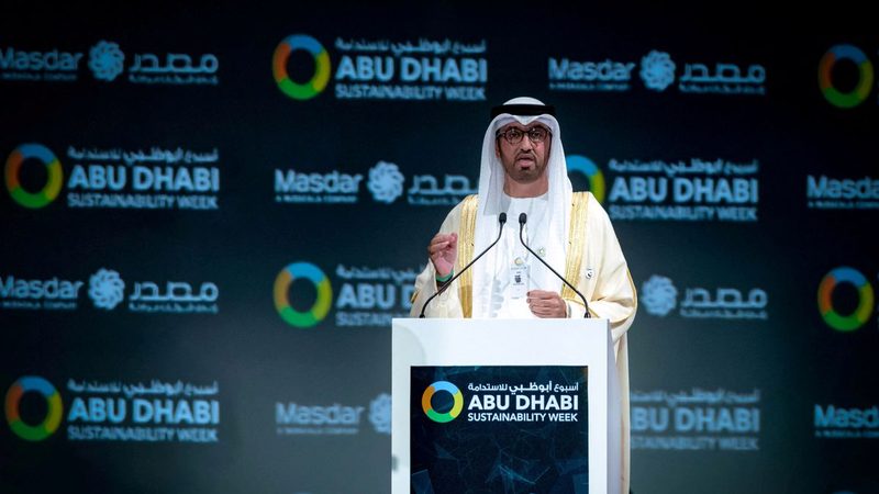 Sultan Ahmed Al Jaber, UAE minister of state, chairman of Masdar and the Adnoc CEO, speaks at the World Future Energy Summit in Abu Dhabi