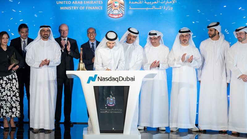 Mohamed bin Hadi Al Hussaini, minister of state for financial affairs, rang Nasdaq Dubai’s bell to celebrate the listing of the five-year dirham-denominated treasury bonds