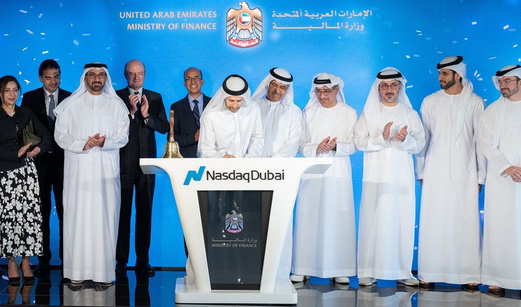Mohamed bin Hadi Al Hussaini, minister of state for financial affairs, rang Nasdaq Dubai’s bell to celebrate the listing of the five-year dirham-denominated treasury bonds