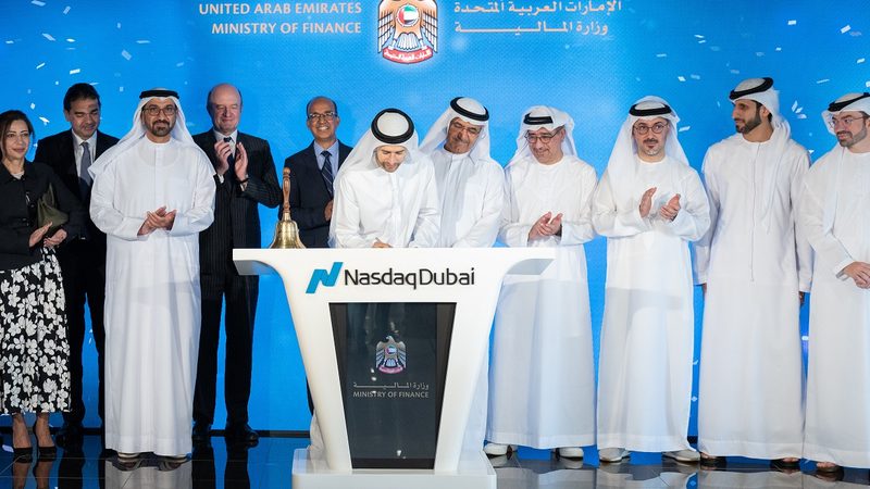 Mohamed bin Hadi Al Hussaini, minister of state for financial affairs, rang Nasdaq Dubai’s bell to celebrate the listing of the five-year dirham-denominated treasury bonds