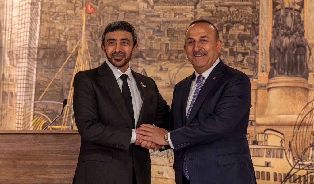 Turkey and UAE foreign ministers Mevlut Cavusoglu, left, and Sheikh Abdullah bin Zayed Al Nahyan in Istanbul last year. Trade between the two countries jumped 40 percent in 2022