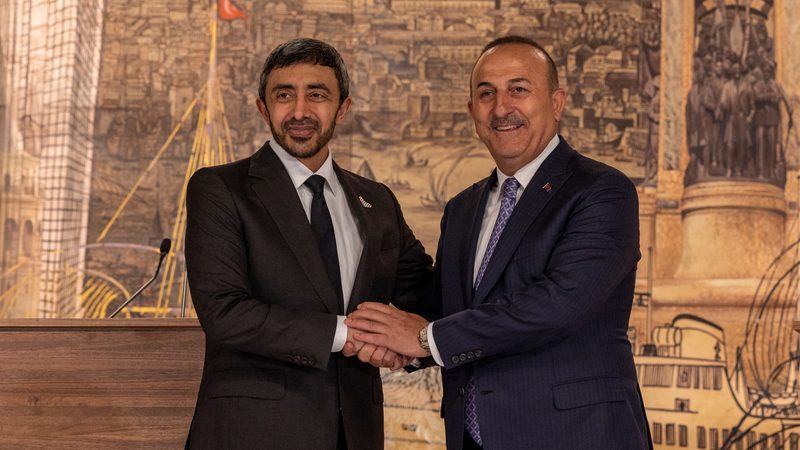 Turkey and UAE foreign ministers Mevlut Cavusoglu, left, and Sheikh Abdullah bin Zayed Al Nahyan in Istanbul last year. Trade between the two countries jumped 40 percent in 2022