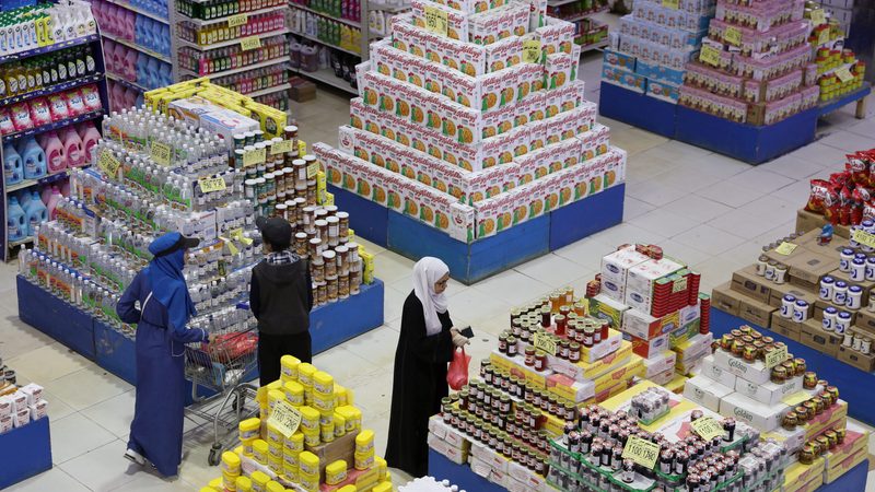 Shoppers at a supermarket in Sanaa, Yemen. In the UAE, inflation in the cost of staples such as flour is slowing